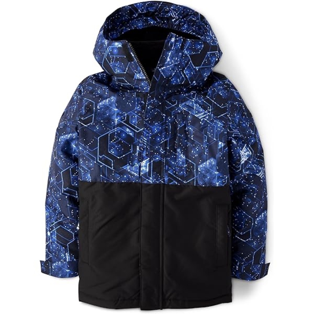 The Children’s Place Blue & Black Geometric Hooded Winter Jacket L(10/12)